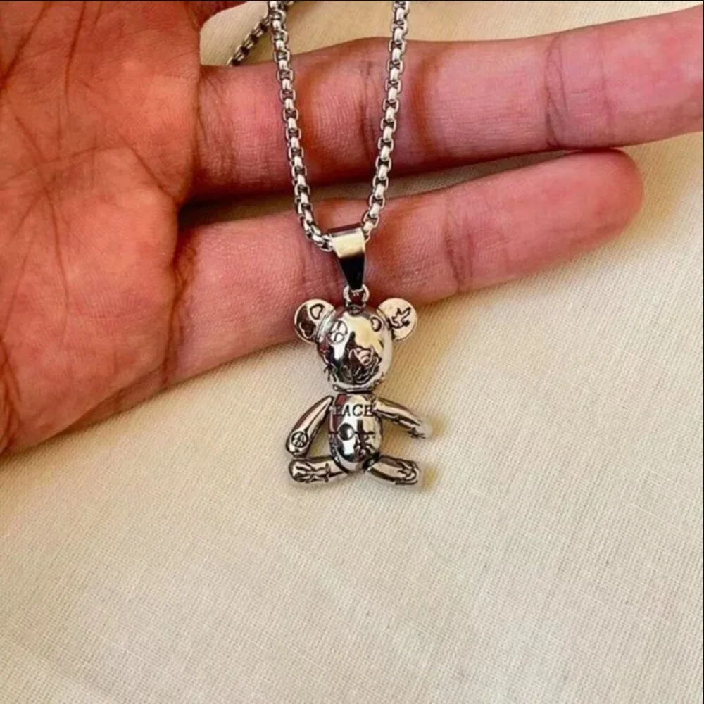 y2k grunge chrome silver bear peace pendant necklace